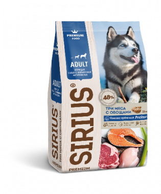 Sirius сухой корм для взрослых собак с повышенной активностью, три мяса с овощами